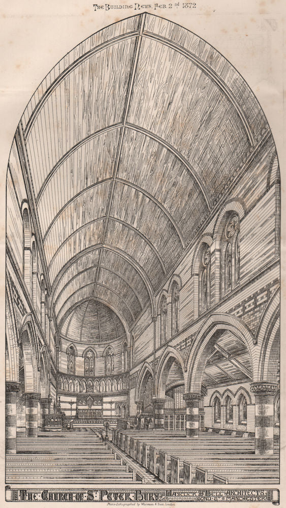 St. Peter's church, Bury; Maycock & Bell Architects 1872 old antique print